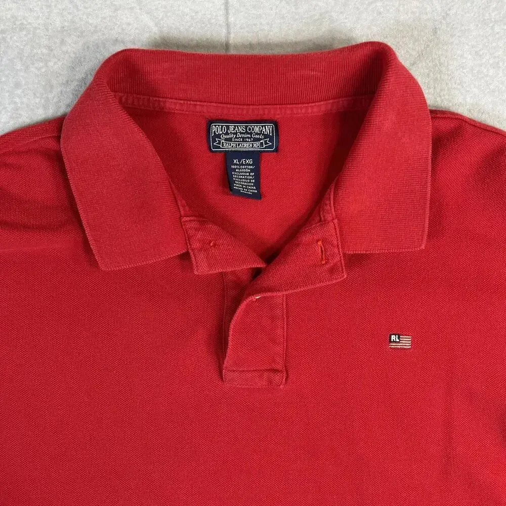 Vintage Polo Jeans Ralph Lauren Polo Shirt Mens XL Red RL US Flag 90s